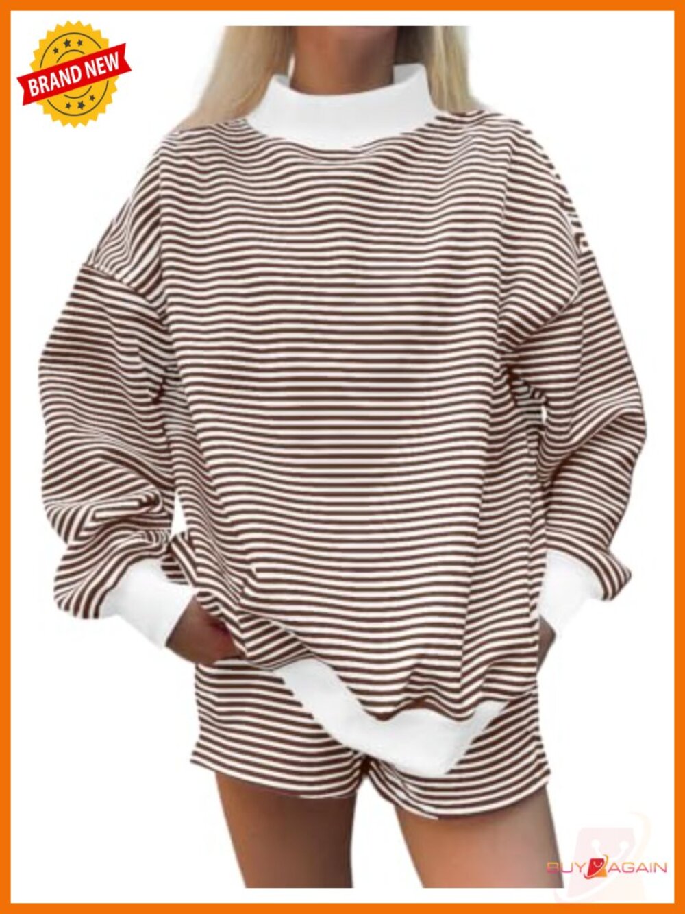 2 Piece Lounge Set Mock Neck Oversized Sweatshirt Sweat Shorts Pockets Cotton